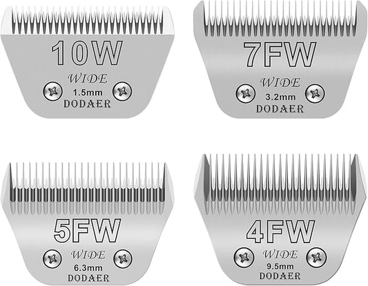 Size 10W/7FW/5FW/4FW Detachable Dog,Cat,Sheep & Horse Grooming Wide Blades Set,Compatible with Andis,Oster A5,Wahl KM10 Series Clippers,Cut Length 1/16"(1.5mm) to 3/8??9.5mm),4 Pack