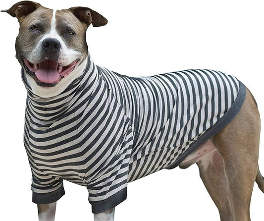 Tooth & Honey Large Dog Pullover – Breathable Cotton & Spandex with Full Underbelly Coverage – White & Gray Striped Shirt for Allergy & Summer Protection (XXL)