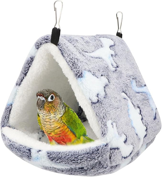 Hypeety Winter Warm Bird Nest Triangle Cotton Nest Warm and Thick Bird Shed Hut Plush Fluffy Parrot Hanging Hammock Bird Hideaway for Parrot Budgies Parakeets Cockatiels Conures Hamster (Grey, L)