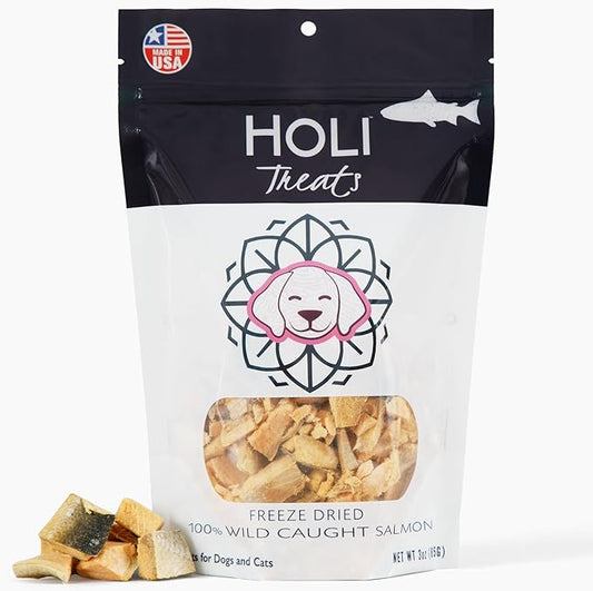 HOLI Freeze Dried Salmon Dog Treats - with Omega 3 and 6 Fish Oil - All Natural Dog Treats - Human Grade - Wild Caught Skin on Salmon - Made in USA - Grain Free - Diabetic Friendly