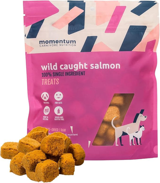 Momentum Carnivore Nutrition Freeze-Dried Wild-Caught Salmon Dog Treats & Cat Treats ??Single-Ingredient, High-Protein, Grain-Free, Natural Source of Omega-3s ??Made in USA ??3 oz Bag