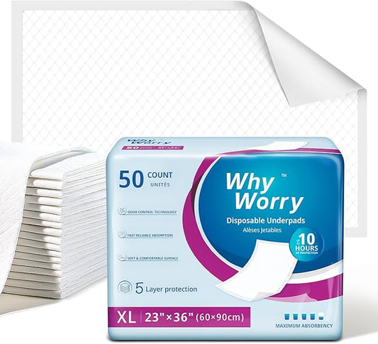WhyWorry Extra Large Disposable Bed Pads 23" x 36", Super Absorbent Leakproof Incontinence Underpads for Surface Protection, Quilted Chucks Pee Pads for Adults and Babies, 100 Count (2 Packs of 50)