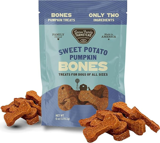 Gaines Family Farmstead Pumpkin & Sweet Potato Dog Bones ??6 oz Bag, Natural, Grain-Free Dog Treats for Digestive Health & Immunity ??High-Fiber, Vitamin-Rich Chews, Made in USA
