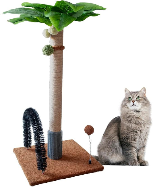 29.5 Inches Tall Cat Scratching Post with Arch Self Groomer Hanging Spring Balls,Brown Palm Sisal Cat Tree Kitty Activity Center for Adults Cats Kitten Indoor Cats
