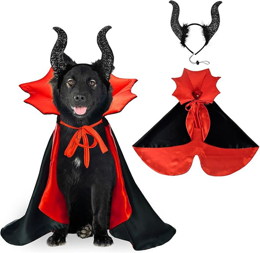 2 Pcs Dog Halloween Costume Set Cat Witch Vampire Cape Devil Horns Hat Holiday Clothes for Cat Puppy Halloween Party Pet Outfits L