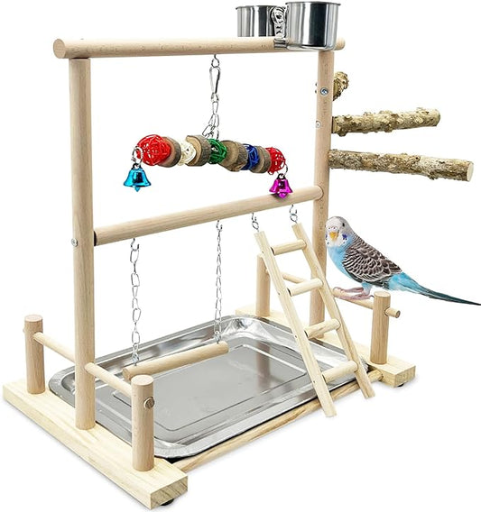 kathson Bird Playground Parrot Perch Stand Toys, Birds Wood Play Gym Activity Center Exercise Playpen Ladder Swing with Feeder Cups Chewing Toy(Include a Tray)