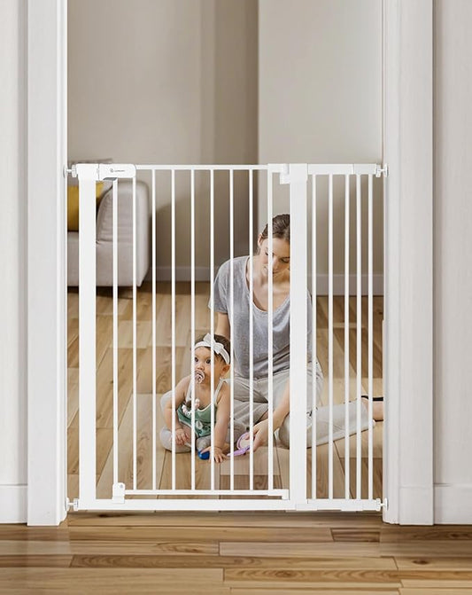 COMOMY 42" Extra Tall Baby Gate for Stairs Doorways, Fits Openings 29.5" to 40.6" Wide, Auto Close Sturdy Safety Dog Gate for House, Pressure Mounted Easy Walk Through Pet Gate with Door, White