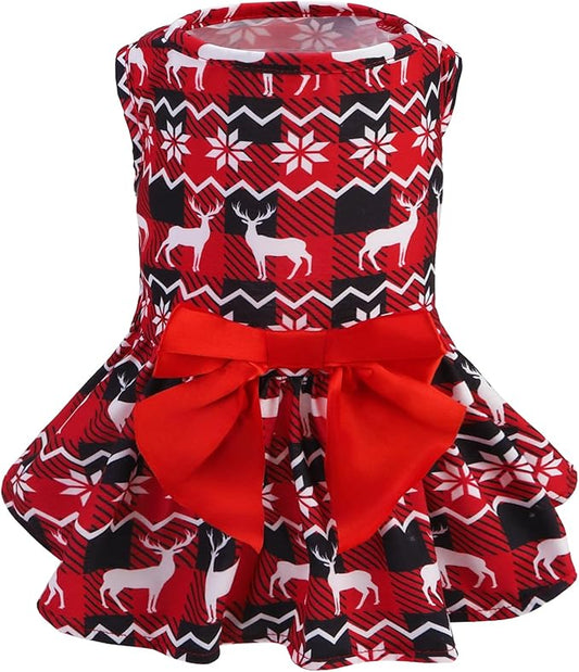 PUPTECK Print Dog Dress Pet Apparel for Christmas with Cute Bowtie Puppy Clothes Outfit, Deer, L