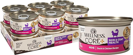 Wellness CORE+ Skin & Coat Pate Adult Wet Cat Food, Natural, Protein-Rich, Grain Free, 2.8 Ounce, 12 Pack (Duck & Chicken)