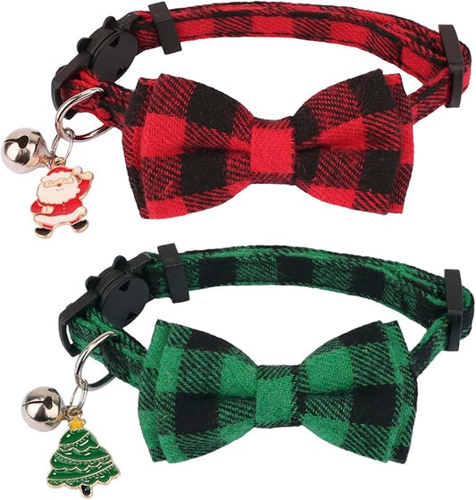 PTDECOR Christmas Cat Collars, Red Green Plaid Xmas with Removable Bowtie, Breakaway Christmas Collars for Cats Kittens