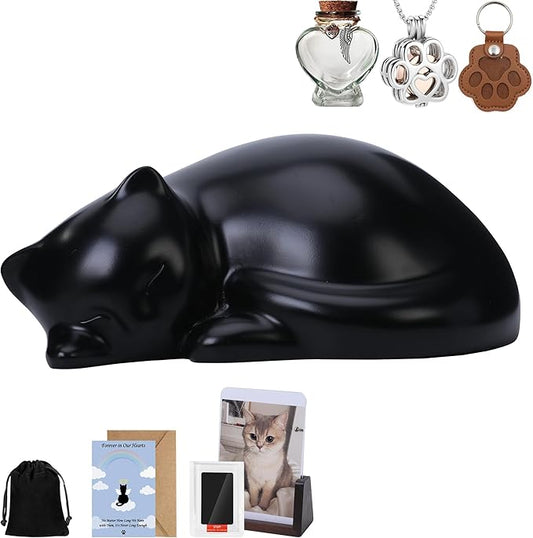 Pet Cat Urns for Ashes, Sleeping Resin Cremation Animal Urn and Sealed Bag, Decorative Memorial, Fur Keepsake, Ashes Necklace, Keychain, Inkless Paw Print Kit, Picture Frames, Sympathy Cards(Black)