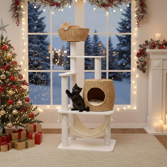 40-Inch Cat Tree with Condo & Hammock, Multi-Level Cat Tower for Indoor Cats with Sisal Scratching Posts, Dangling Ball, Plush Perch, and Removable Cushion, White