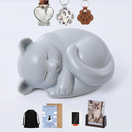 Pet Cat Urns for Ashes, Sleeping Resin Cremation Animal Urn and Sealed Bag, Decorative Memorial, Fur Keepsake, Ashes Necklace, Keychain, Inkless Paw Print Kit, Picture Frames, Sympathy Cards(Gray)