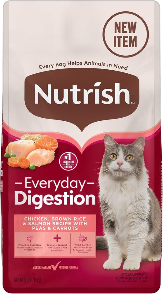 Nutrish Everyday Digestion Dry Cat Food, Chicken Brown Rice and Salmon Recipe with Peas and Carrots, 3 lb. Bag, (Pack of 4) (Rachael Ray)