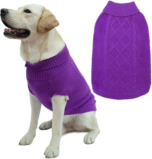 Mihachi Turtleneck Dog Sweater - Winter Coat Apparel Classic Cable Knit Clothes with Leash Hole for Cold Weather, Ideal Gift for Pet in New Year Purple Large