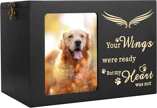 Pet Memorial Urns for Dog or Cat Ashes - Large Wooden Funeral Cremation Urns with Photo Frame, Keepsake Memory Box with Black Flannel Lining