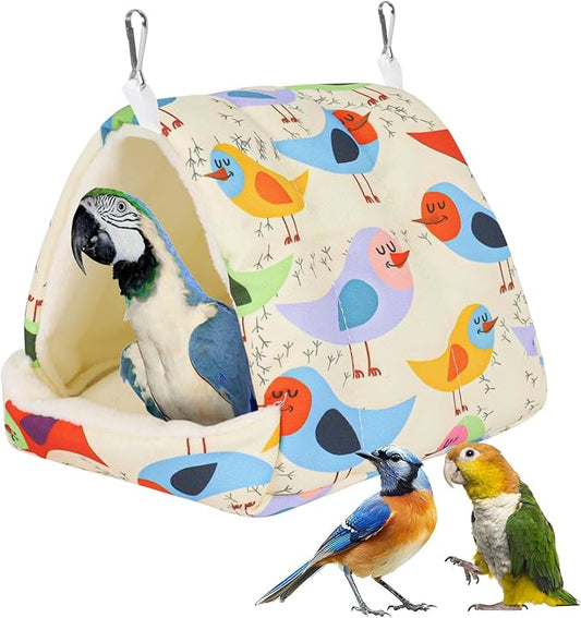 Bird Bed for Cage Warm Winter Nest Hammock with Hanging Hook Cage Accessories for Small Birds Parakeets Cockatiels Love Birds Cockatiels Conures Hamster (Beige, M)