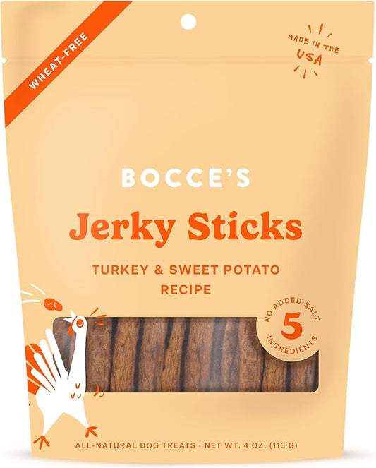 Bocce's Bakery Jerky Stick Dog Treats, Wheat-Free, Made with Limited-Ingredients, Baked in The USA with No Added Salt or Sugar, All-Naural & High-Protein, Turkey & Sweet Potato, 4 oz
