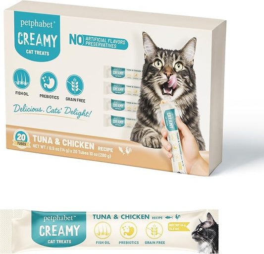 PETPHABET Lickable Cat Treats Squeeze, Creamy Puree Squeezable Wet Kitten Treats, Tuna & Chicken Recipe 20 Tubes, Paste Snacks for Skin & Coat Health, Digestive Care, High Protein, Grain Free