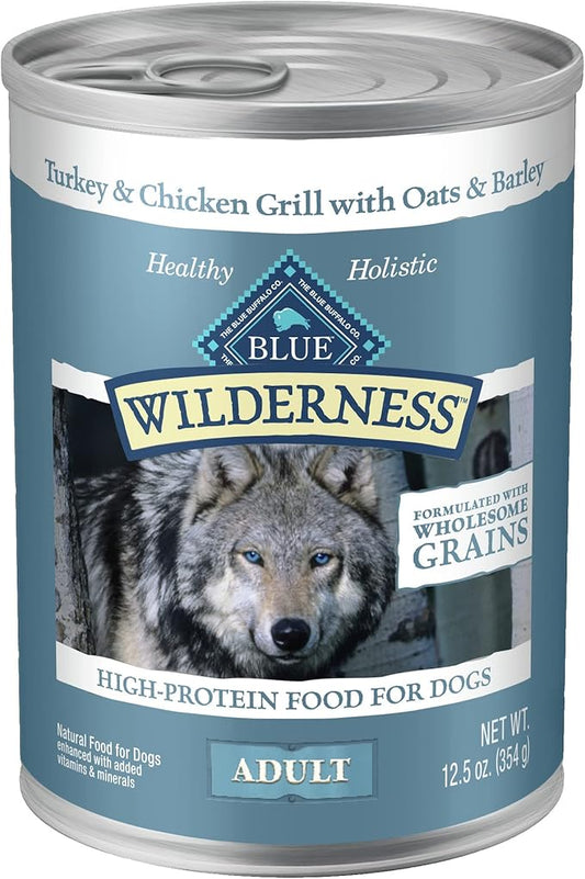 Blue Buffalo Wilderness Natural High Protein Wet Food for Adult Dogs, Turkey & Chicken Grill WITH WHOLESOME GRAINS, 12.5-oz Cans, 12 Count