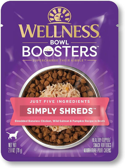 Wellness Bowl Boosters Simply Shreds Wet Dog Food Topper for Small, Medium, & Large Breeds, Grain Free, Natural, Wild Salmon & Pumpkin, 2.8 Ounce Pouch (Pack of 12)