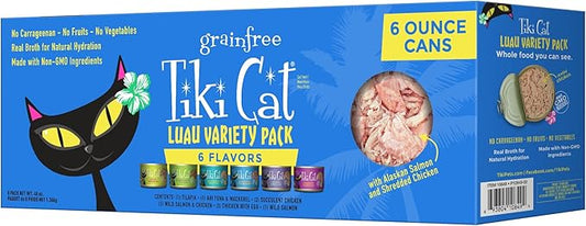 Tiki Cat Luau Variety Pack, Succulent Combinations of Real Shredded Protein in a Rich Flavorful Consumme, Grain-Free Balanced Nutrition Wet Canned Cat Food, for All Life Stages, 6 oz. Can (8 Count)