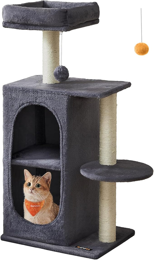 Feandrea Cat Tree, Small Cat Tower for Indoor Cats, Plush Cat Caves with Perch, Scratching Posts, for Small Spaces, Kittens, Dark Gray UPCT005G02
