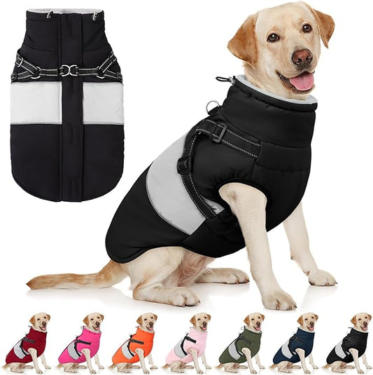 AOFITEE Dog Coat Warm Dog Winter Coat, Waterproof Dogs Jacket with Harness, Dogs Snow Jacket Snowsuit with Zipper & Furry Collar, Reflective Windproof Pet Sweater for Cold Weather, French Bulldog, L