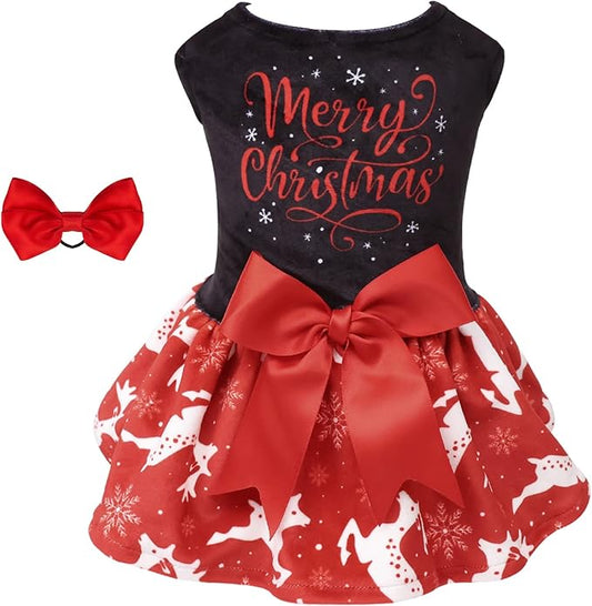 CuteBone Merry Christmas Dog Dress Velvet for Small Dogs Girl Reindeer Puppy Dresses Red Dog Clothes CVA04M-D