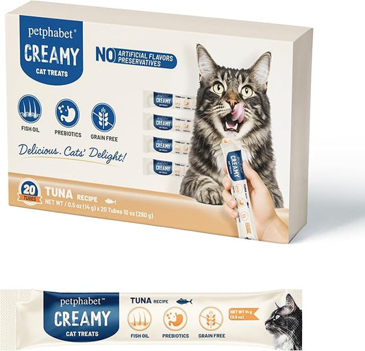PETPHABET Lickable Cat Treats Squeeze, Creamy Puree Squeezable Wet Kitten Treats, Tuna Recipe 20 Tubes, Paste Snacks for Skin & Coat Health, Digestive Care, High Protein, Grain Free