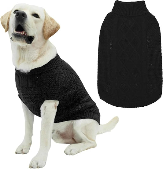 Mihachi Turtleneck Dog Sweater - Winter Coat Apparel Classic Cable Knit Clothes with Leash Hole for Cold Weather, Ideal Gift for Pet in New Year Black Medium/Large