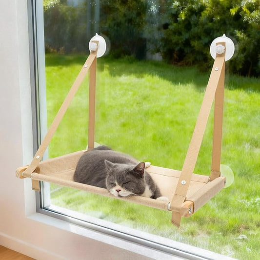 CATISM Cat Window Perch - Cat Hammock for Window, Soft Seat Machine Washable, Solid Wood Frame, 4 Suction Cups, Hammock Bed for Cats Inside