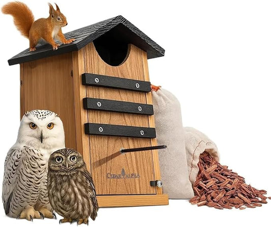 Cedar Squirrel House, Screech Owl Box, Duck Nesting Shelter, Cedar Bird House for Outside, Rustic Big Birdhouse,Nesting Box, Squirrel Shelter Nester Large Heavy Stainless Steel Perch,Assemble Needed