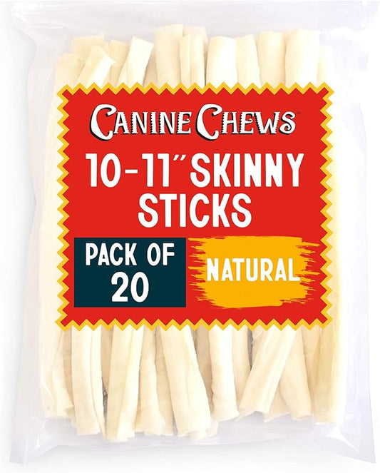 Canine Chews 10-11" Retriever Stick Rolls Rawhide for Dogs Skinny Sticks for Small Aggressive Chewing Dogs (20 Pack)