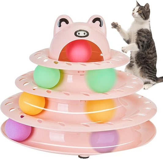 Gefryco Cat Toys 4-Tier Roller Track, Turntable Cat Tower Toy with Colorful Chase Balls, Multi-Level Interactive Cat Toys for Bored Indoor Adult Cats, Fun Puzzle Kitten Exercise Toys Self Play (Pink)