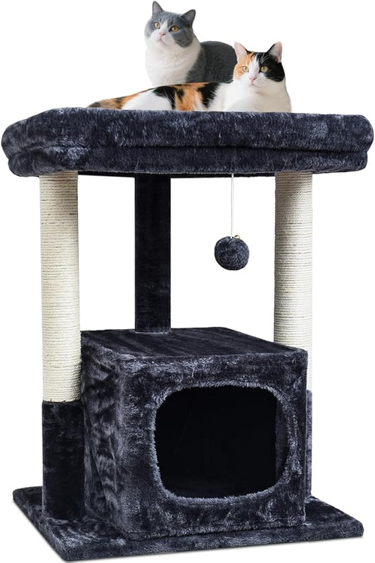 SYANDLVY Cat Tree for Indoor Cats Large Adult, Modern Activity Tower with Scratching Posts, Condo with Plush Perch, Climbing Stand with Spring Ball for Play, Smoky