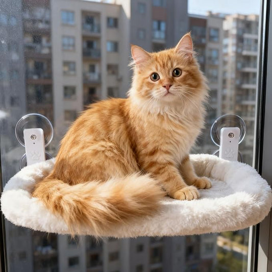 Cat Window Perch with Strong Suction Cups, Cat Window Hammock Foldable Bed with Breathable Mesh, All-Season Lounger for Medium Small Cats to Bird Watch & Sunbathe (White, L)