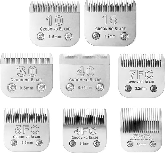 Size 10+15+30+40+7FC+5FC+4F+3-3/4FC Detachable Dog Grooming Blades, Compatible with Andis, Oster A5, Wahl KM10 Series Clippers, Silver (8 Packs)