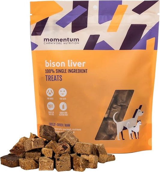 Momentum Carnivore Nutrition Freeze-Dried Bison Liver Dog Treats & Cat Treats ??Single-Ingredient, High-Protein, Grain-Free, Lean Novel Protein ??Made in USA ??4 oz Bag