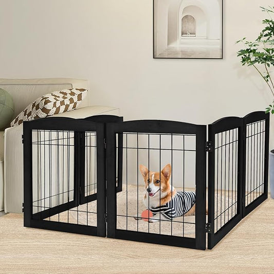 LZRS 6-Panel Extra Wide Wooden Freestanding Dog Gate: Foldable Solid Wood and Steel Wire Chew Resistant Safety Barrier for Doorways, Stairs, and Open Long Spaces Indoor Use,Dark Black