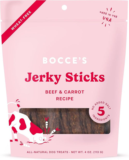 Bocce's Bakery Jerky Stick Dog Treats, Wheat-Free, Made with Limited-Ingredients, Baked in The USA with No Added Salt or Sugar, All-Naural & High-Protein, Beef & Carrot Recipe, 4 oz
