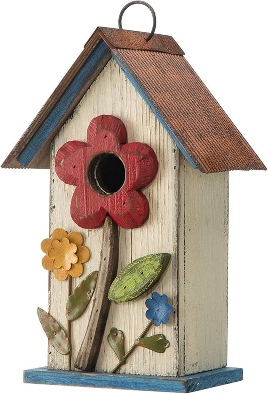 Glitzhome 10.2" H Hanging Bird House for Outdoor Patio Garden Decorative Birdhouse Pet Cottage Wooden Distressed Birdhouse, Flower Rustic White