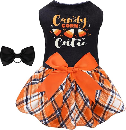 CuteBone Halloween Dog Dresses Velvet Holiday Small Dogs Clothes Onesie Pet Apparel Girl Puppy Skirt with Bow Hair Rope CVA45XXS-D