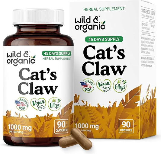 Wild & Organic Cat's Claw Herbal Supplement 1000 mg - Immune Support - Pure Cat's Claw Capsules - Uncaria Tomentosa Bark - Vegan, No Fillers, Non-GMO - 90 Count
