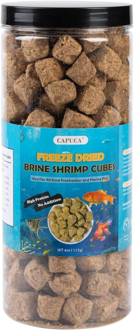 Freeze Dried Brine Shrimp Cubes -100% Pure High Protein Fish Food for Tropical, Marine & Freshwater Fish, Aquatic Turtles (4oz)