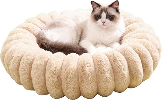 Cloudsoft Flower Cat Bed and Dog Bed, Washable Faux Fur Pet Bed with Non-Slip Water-Resistant Bottom, for Cats & Small Dogs up to 22 lbs, 28.8"x22.8", Light Beige