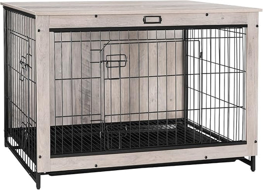 HOOBRO Dog Crate Furniture, 38.6" Large Dog Kennel Indoor, Wooden Cage with Pull-Out Tray, Double Doors Pet House Side End Table for Large/Medium/Small Dogs, Greige BG982GW03