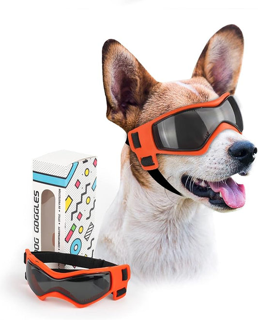 PETLESO Dog Goggles for Small to Medium Breed, Anti-UV Dog Sunglasses Outdoor Riding Driving Hiking, Pet Glasses Windproof Anti-Fog Dustproof Snowproof, Adjustable Straps, Meidium Orange