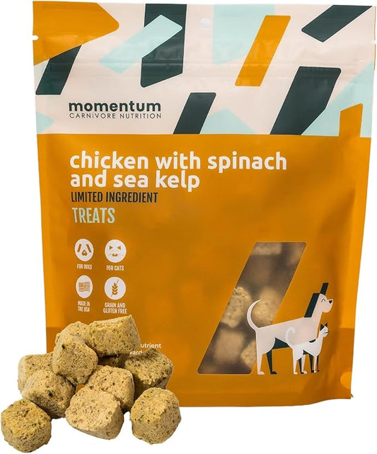 Momentum Carnivore Nutrition Freeze-Dried Chicken, Spinach & Sea Kelp Dog Treats & Cat Treats ??Single-Ingredient Recipe, High-Protein, Grain-Free, Natural Superfood Blend ??Made in USA ??3 oz Bag