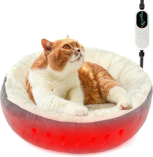 YUEPET 19" Heated Cat Bed Indoor, Donut Heated Pet Beds with Temp Adjustable & Timer, Calming Kitty Heating Bed Heating Pet Bed for Kittens Elderly Cats Non-Slip Grey Cats Nest
